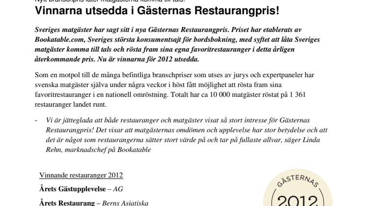 Vinnarna utsedda i nya Gästernas Restaurangpris! 