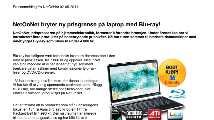 NetOnNet bryter ny prisgrense på laptop med Blu-ray!