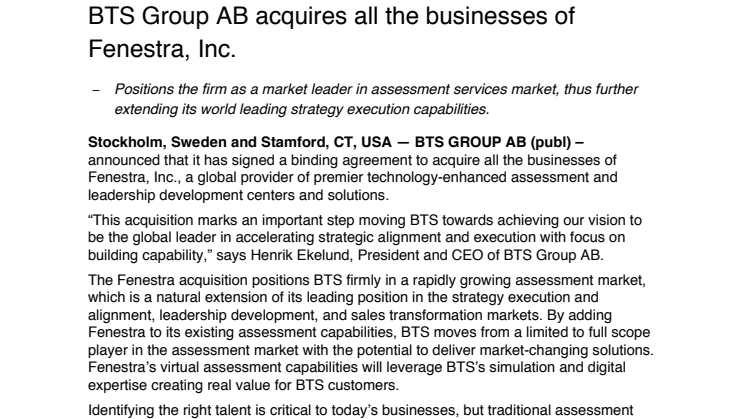 BTS Group AB acquires all the businesses of Fenestra, Inc.
