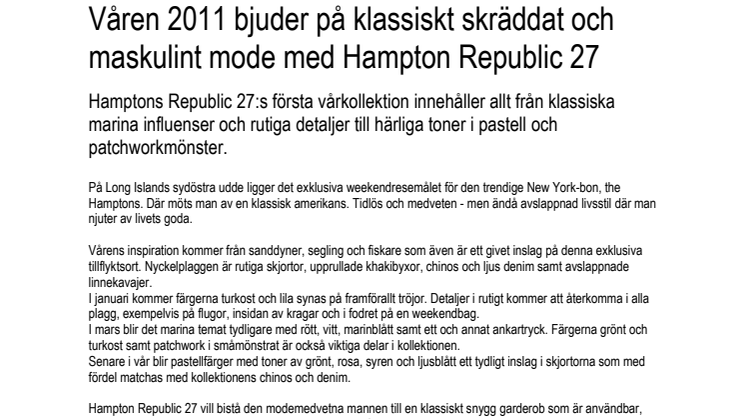 Våren 2011 bjuder KappAhl på klassiskt skräddat och maskulint mode med Hampton Republic 27