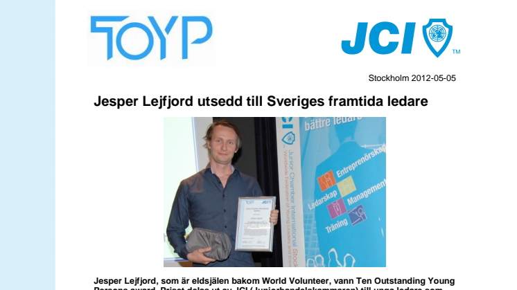 Jesper Lejfjord utsedd till Sveriges framtida ledare