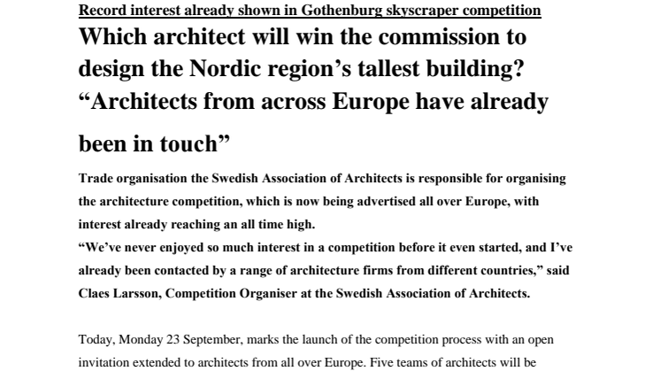 Record interest already shown in Gothenburg skyscraper competition