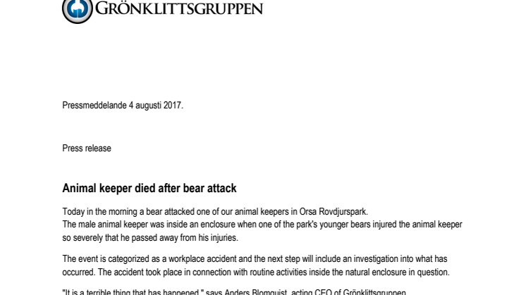 Animal keeper died after bear attack