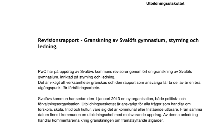 Svar på granskningsrapport av Svalöfs gymnasium