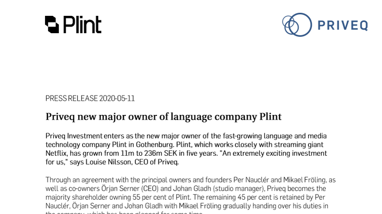 Priveq new major owner of language company Plint