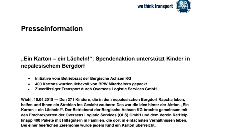 „Ein Karton – ein Lächeln!“: Spendenaktion unterstützt Kinder in nepalesischem Bergdorf