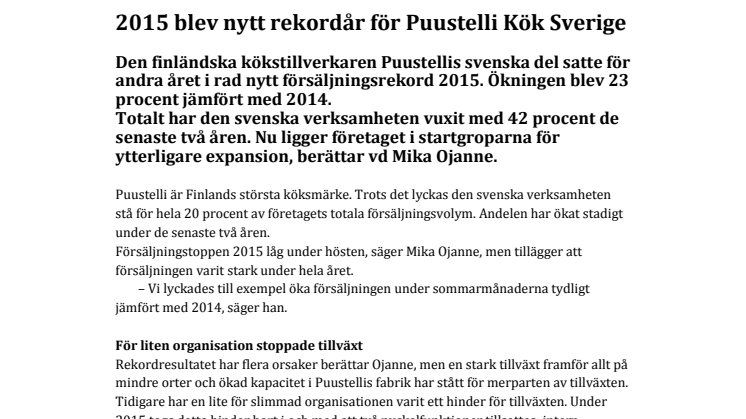 2015 blev nytt rekordår för Puustelli Kök Sverige