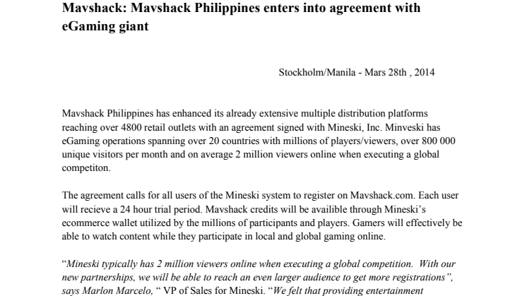 Mavshack: Mavshack Philippines enters into agreement with eGaming giant