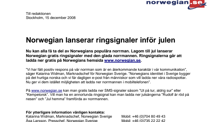 Norwegian lanserar ringsignaler inför julen
