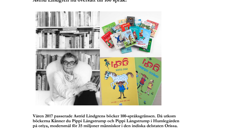 Astrid Lindgren nu översatt till 100 språk!