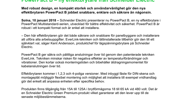 PowerPact B – ny effektbrytare från Schneider Electric