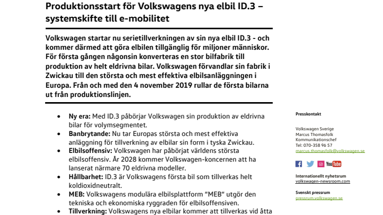 Produktionsstart för Volkswagens nya elbil ID.3 – systemskifte till e-mobilitet