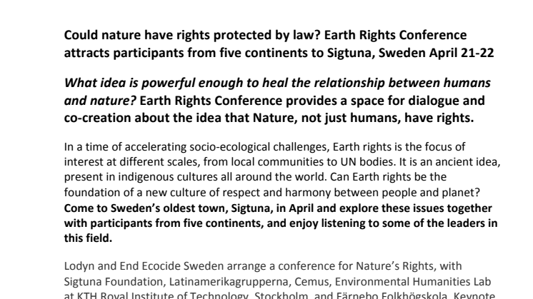 Kan naturen ha rättigheter? Earth Rights Conference lockar deltagare från fem kontinenter till Sigtunastiftelsen 21-22 april