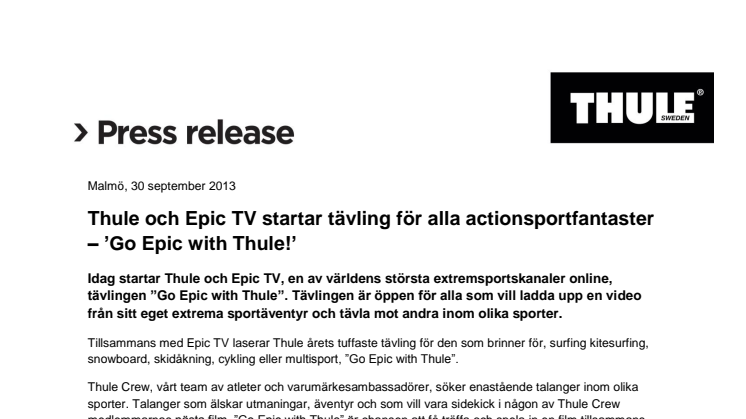 Thule och Epic TV startar tävling för alla actionsportfantaster – ’Go Epic with Thule!’