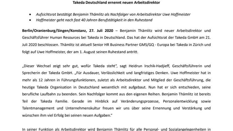 Takeda Deutschland ernennt neuen Arbeitsdirektor 