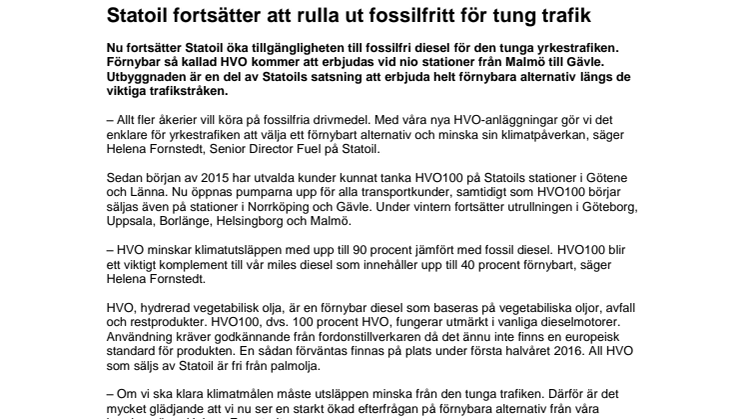 Statoil fortsätter att rulla ut fossilfritt för tung trafik