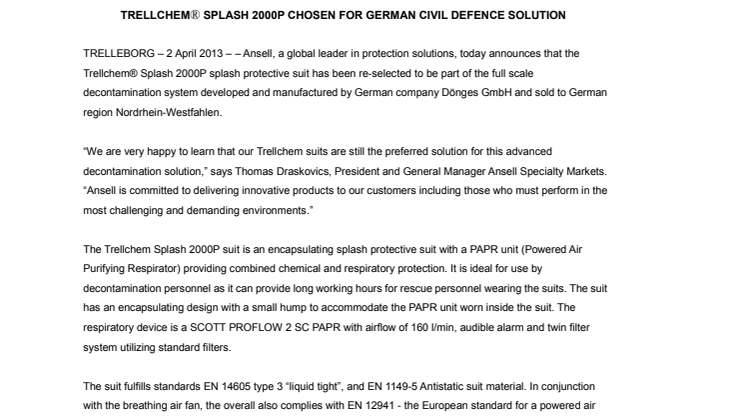 TRELLCHEM® Splash 2000P chosen for German civil defence solution