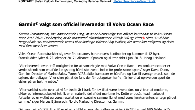 Garmin® valgt som officiel leverandør til Volvo Ocean Race