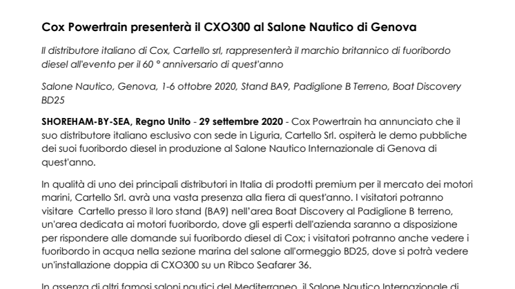 Cox Powertrain presenterà il CXO300 al Salone Nautico di Genova