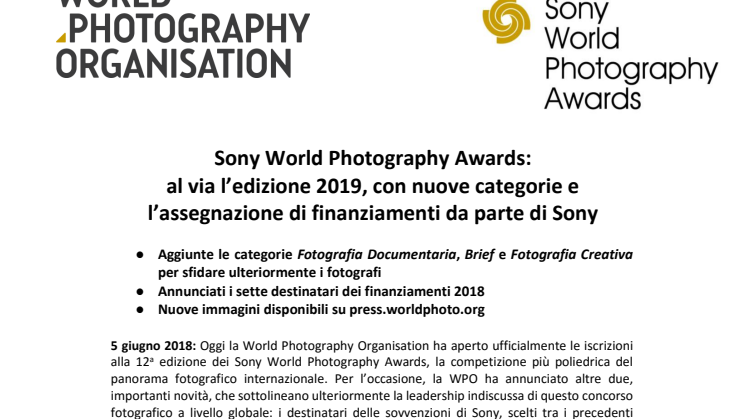 Sony World Photography Awards:  al via l’edizione 2019, con nuove categorie e l’assegnazione di finanziamenti da parte di Sony