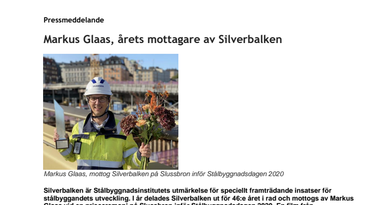 Markus Glaas, årets mottagare av Silverbalken
