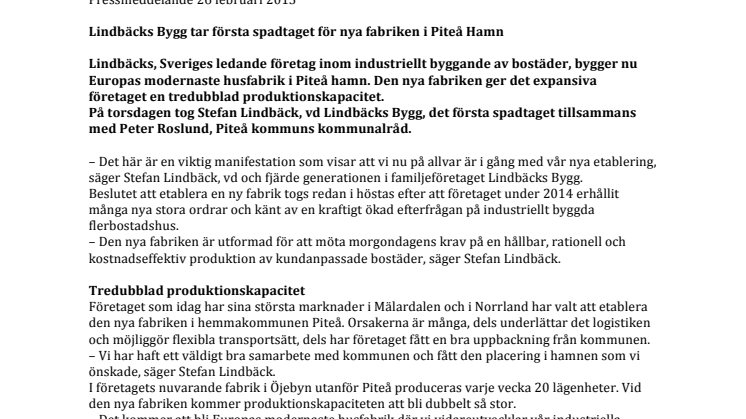 Lindbäcks Bygg tar första spadtaget för en ny fabrik i Piteå