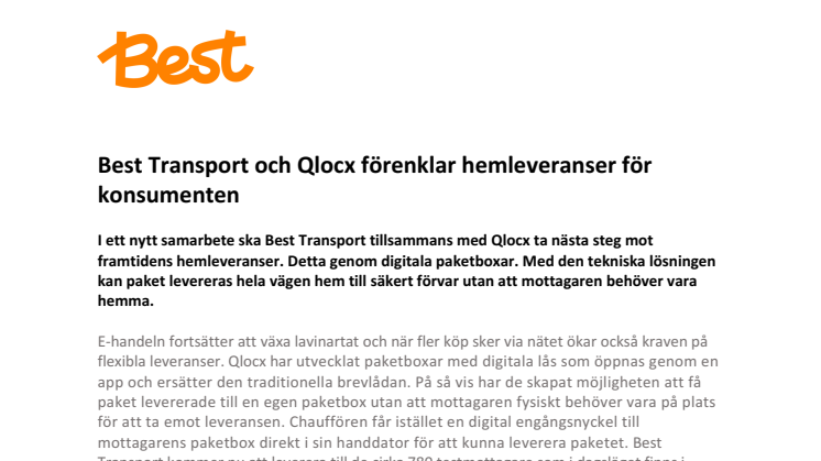 Best Transport och Qlocx förenklar hemleveranser för konsumenten