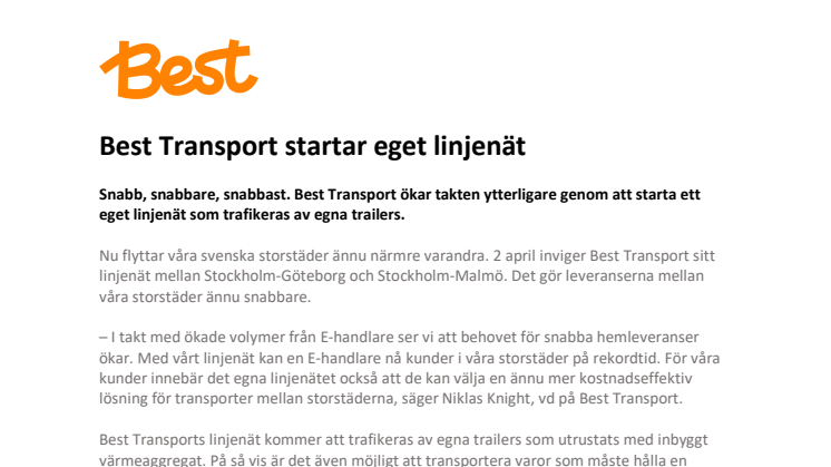 Best Transport startar eget linjenät