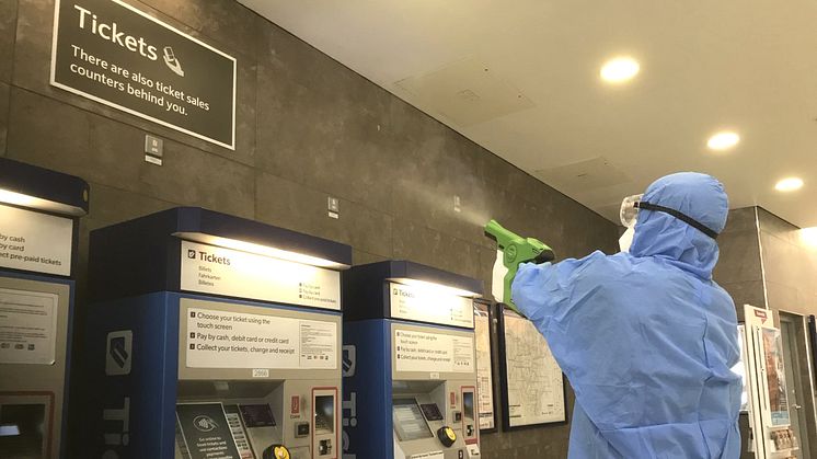 Electrostatic wands and special backpacks are delivering a viruscide that kills viruses for up to 30 days at Southern, Thameslink and Great Northern stations and in staff areas. The entire train fleet of 2,700 carriages has been treated too