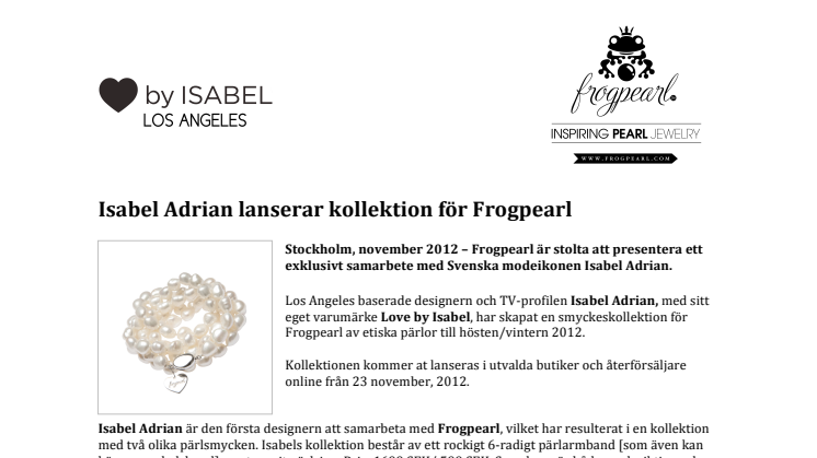 Isabel Adrian lanserar kollektion för Frogpearl 