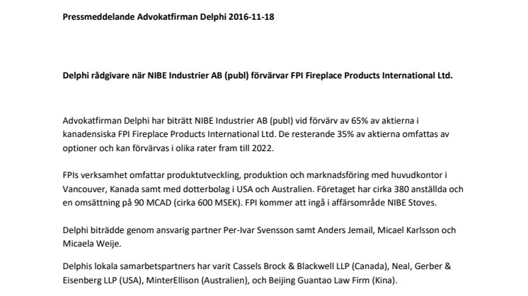 Delphi rådgivare när NIBE Industrier AB (publ) förvärvar FPI Fireplace Products International Ltd.
