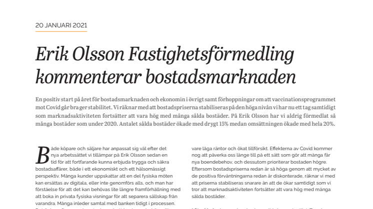 Erik Olsson Fastighetsförmedling kommenterar bostadsmarknaden 20 januari 2021