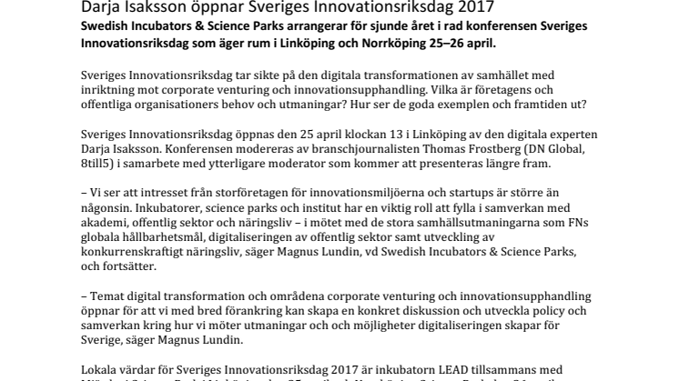 Darja Isaksson öppnar Sveriges Innovationsriksdag