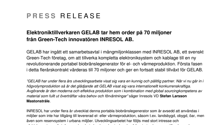 Elektroniktillverkaren GELAB tar hem Green-Tech order på 70 miljoner
