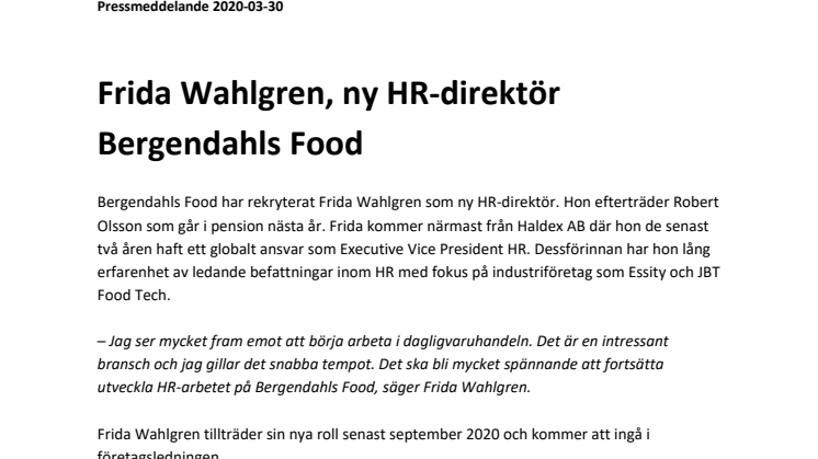Frida Wahlgren, ny HR-direktör Bergendahls Food