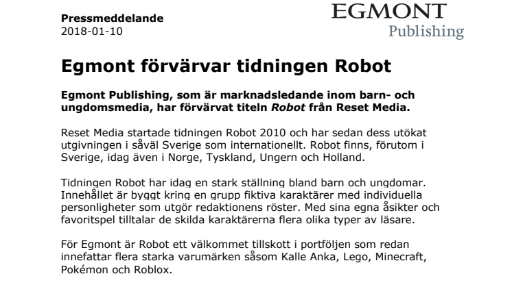 Egmont förvärvar tidningen Robot 