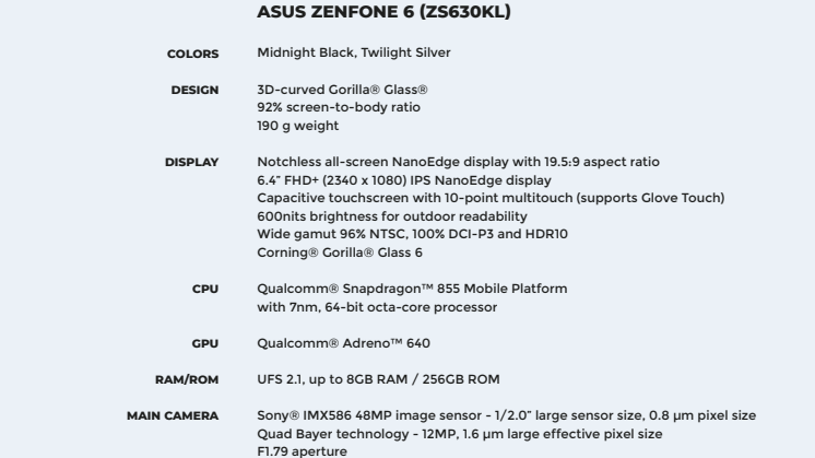 Zenfone 6 Specifikationer