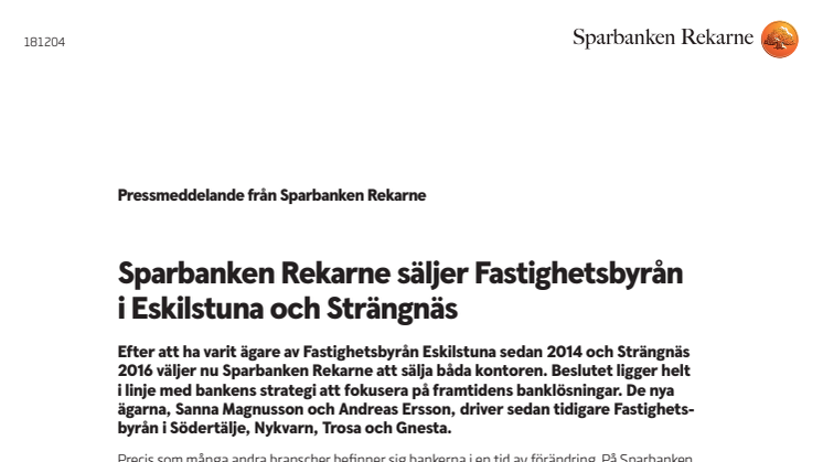 Sparbanken Rekarne säljer Fastighetsbyrån  i Eskilstuna och Strängnäs