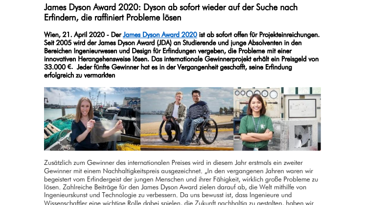 James Dyson Award 2020 - Jetzt Projekte einreichen