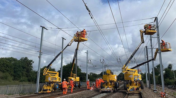 Engineers installing overhead lines as part of the Midland Main Line Upgrade