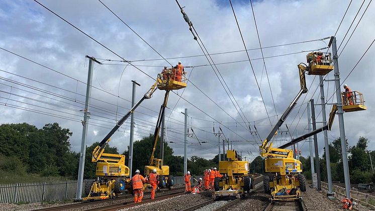 Engineers installing overhead lines as part of the Midland Mainline Upgrade