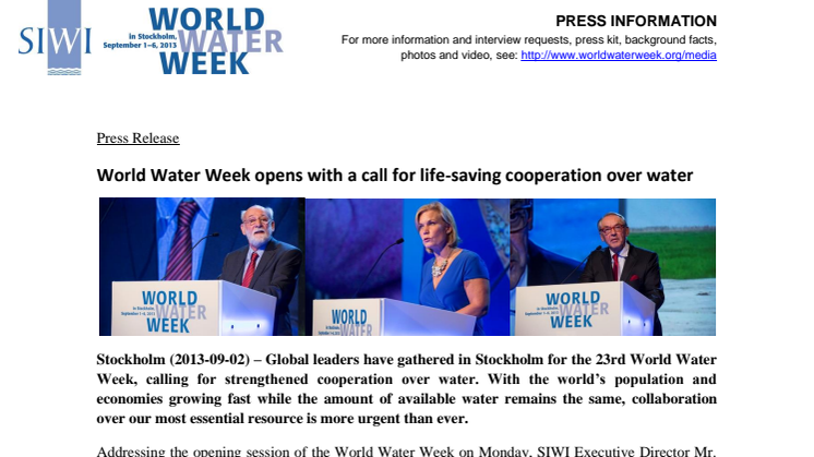 World Water Week in Stockholm opens with a call for life-saving cooperation over water