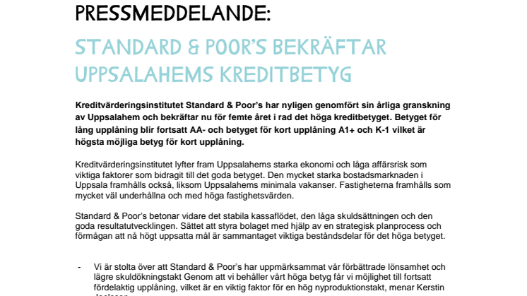 Standard & Poor's bekräftar Uppsalahems kreditbetyg