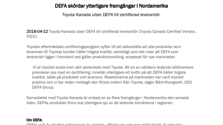 DEFA skördar ytterligare framgångar i Nordamerika