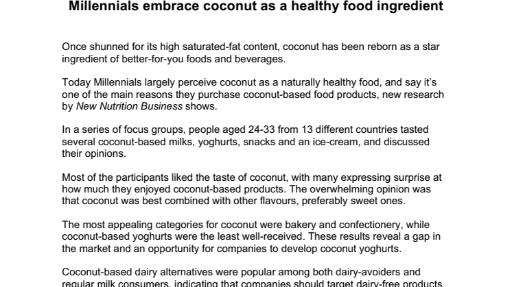 PRESS RELEASE: Millennials embrace coconut as a healthy food ingredient