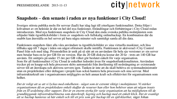 Snapshots – den senaste i raden av nya funktioner i City Cloud!