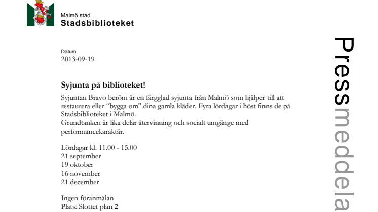 Stadsbiblioteket i Malmö: Syjunta på biblioteket i höst