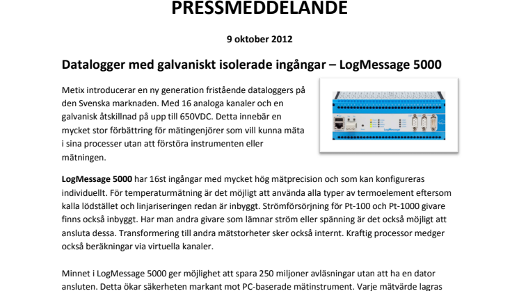 Datalogger med galvaniskt isolerade ingångar – LogMessage 5000