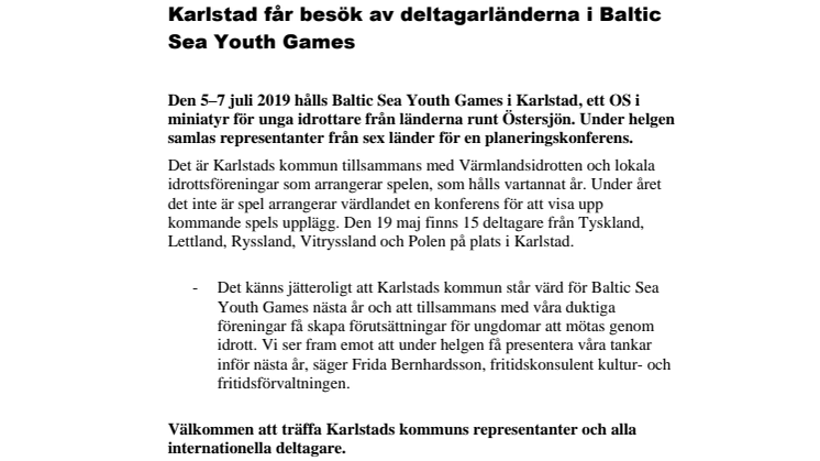 ​Pressinbjudan: Karlstad får besök av deltagarländerna i Baltic Sea Youth Games