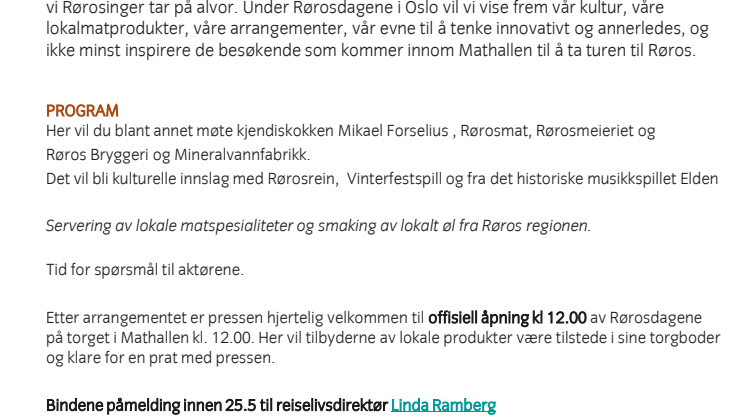 Invitasjon til Pressearrangement Rørosdagene i Oslo 29. mai 2015